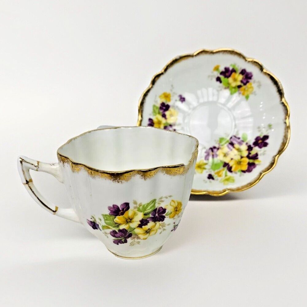 Tea Cup & Saucer Victoria C&E English Bone China England Floral Gold Rim Vintage